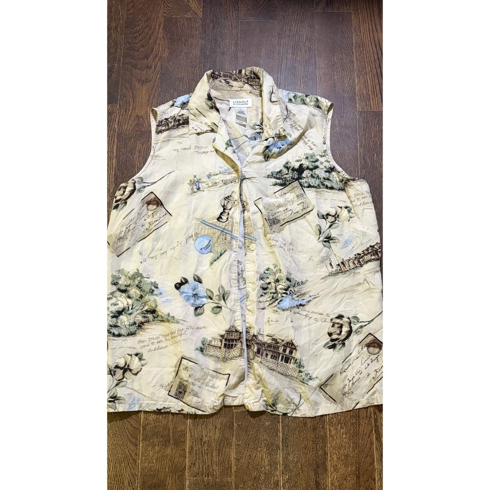 Lizgolf Travel Adventure Print Button Down Sleeveless Golf Shirt Size L VTG